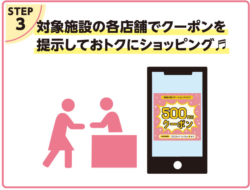 STEP3 当選者には、クーポンを配信！対象店舗のクーポンを提示しておトクにショッピング♬