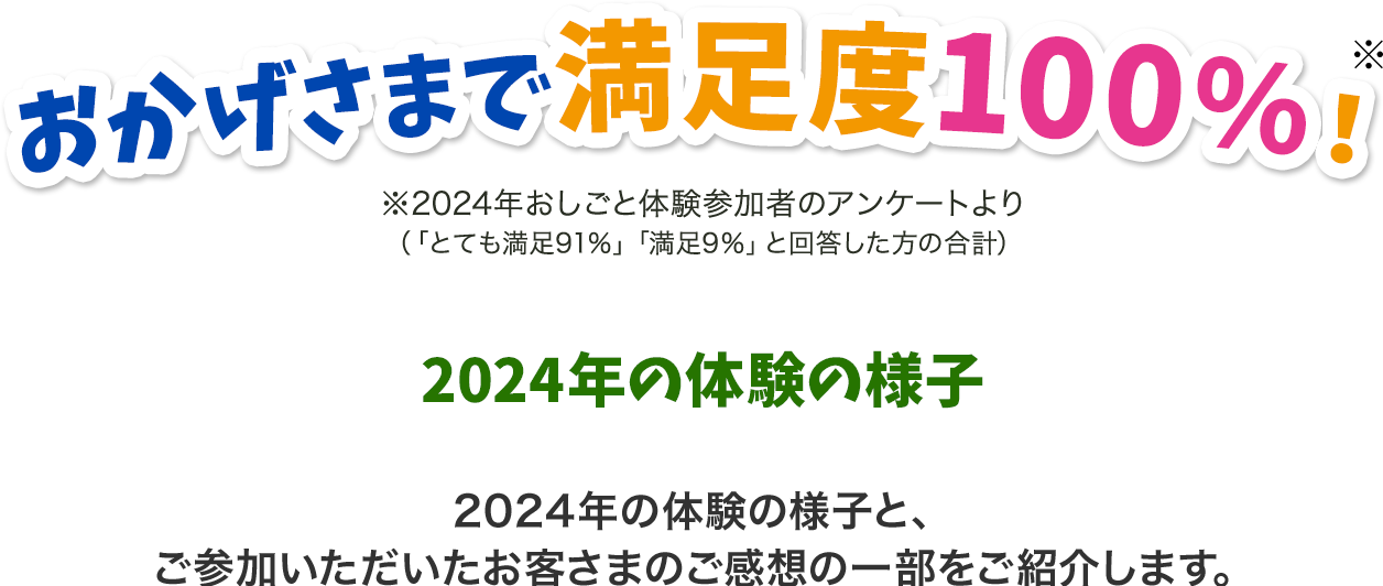 おかげさまで満足度100％！※2024年おしごと体験参加者のアンケートより（「とても満足91％」「満足9％」と回答した方の合計）2024年の体験の様子 2024年の体験の様子と、ご参加いただいたお客さまのご感想の一部をご紹介します。