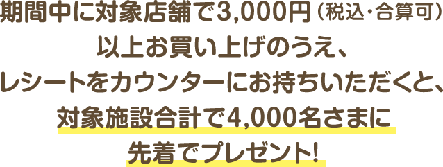 期間中に対象店舗で3,000円（税込・合算可）以上お買い上げのうえ、レシートをカウンターにお持ちいただくと、対象施設合計で4,000名さまに先着でプレゼント！